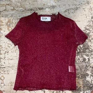 maroon shimmer sheer top